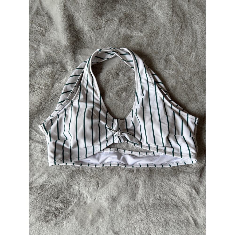 Striped Front Tie Bikini Top White & Green Halter Swimsuit Top Women's Size M